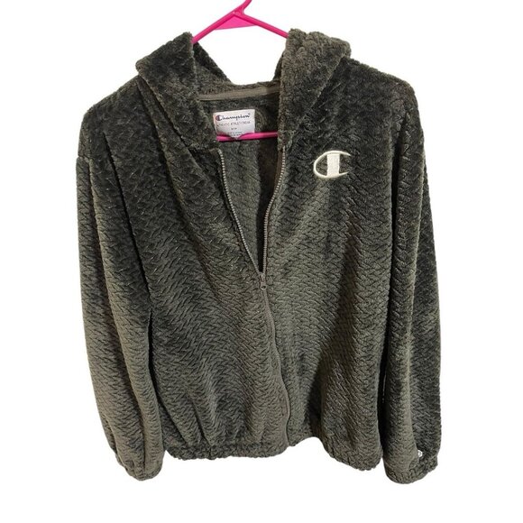 Champion Women's Medium Fleece Herringbone Pattern Full Zip Hooded Jacket Green - Picture 5 of 7